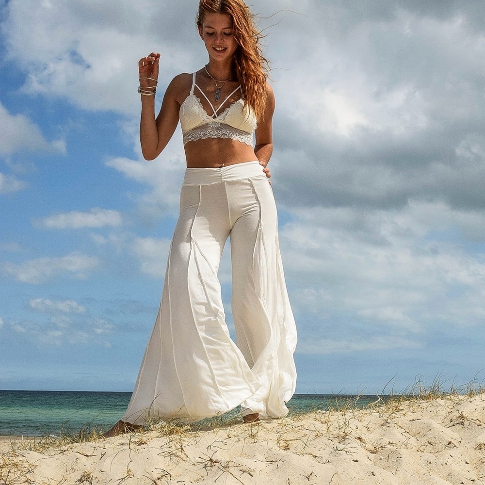 BROWN FLOWER-CHILD WIDE LEG FLARED PANTS FESTIVAL BELL BOTTOMS - Picture 8 of 10